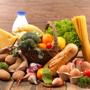 Variety of foods representing all macronutrients including carbs, proteins and fats